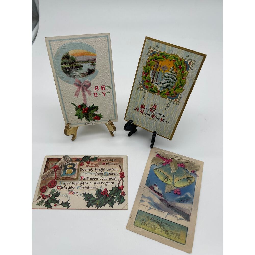 Lot 4 Antique Christmas New Year Postcards 1910-1911 Embossed Postmarked Vintage